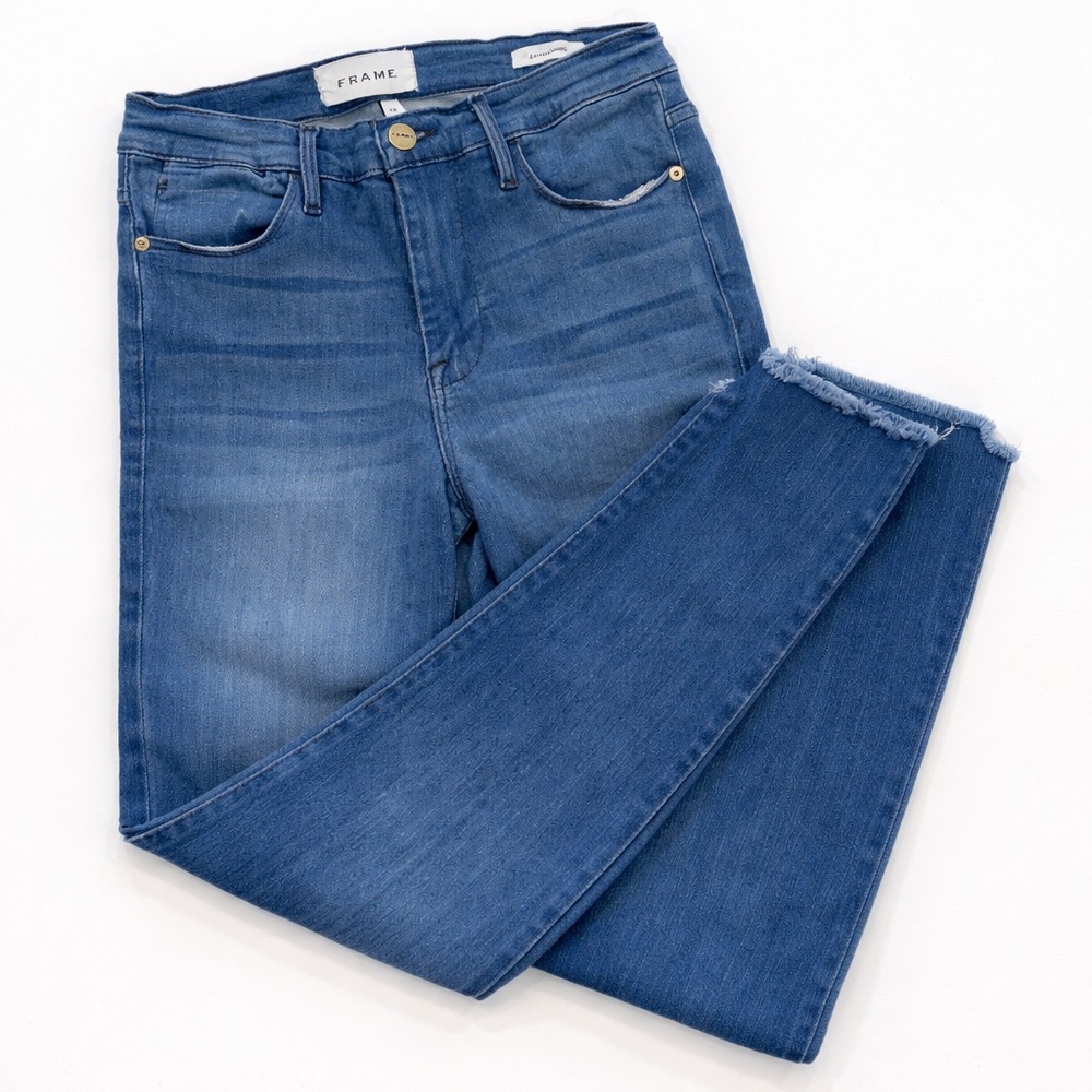 FRAME Le High Skinny Jeans Women 28 Blue Raw Hem High Rise Stretch Denim